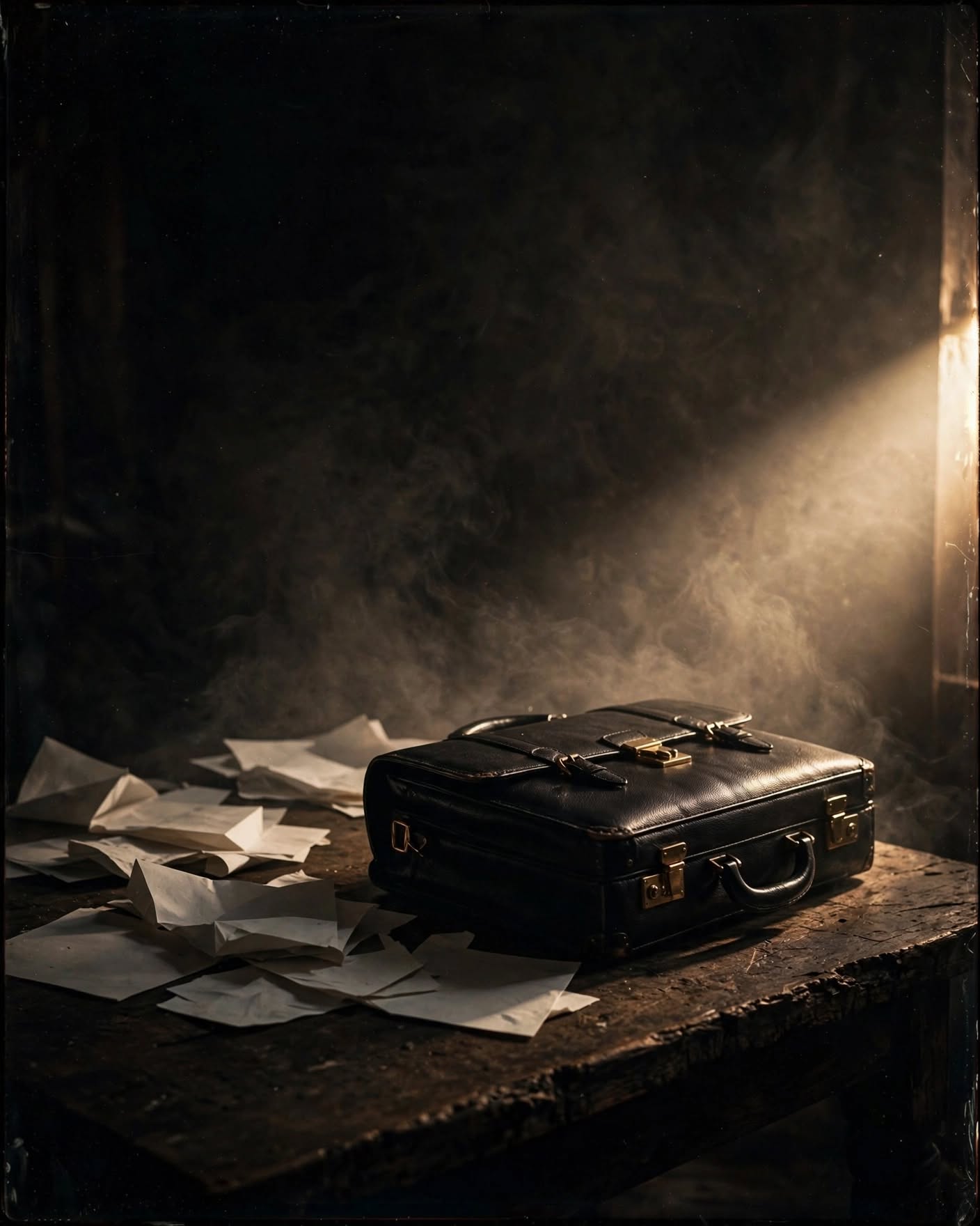 Maletin de cuero negro sobre una mesa de madera oscura, iluminacion cinematografica, ilustracion conceptual de la marca